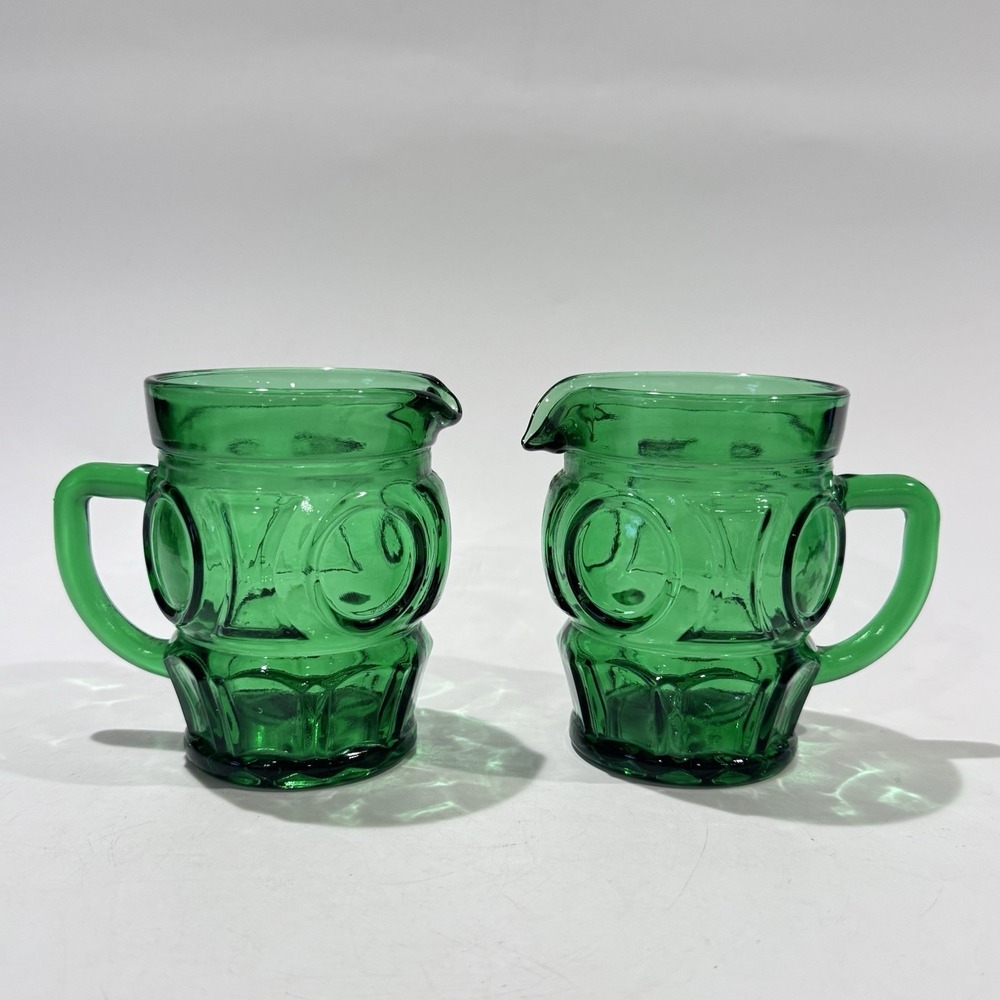 Vintage Pair of Wheaton Glass Creamer Pitchers w Handle Coin Dot Bullseye Relief